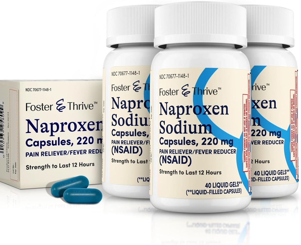 Foster & Thrive Liquid Gels met Naproxen Natrium 220 mg NSAID Pijn Reliver Koortsreducer, 40 Gels, (verpakking van 3)