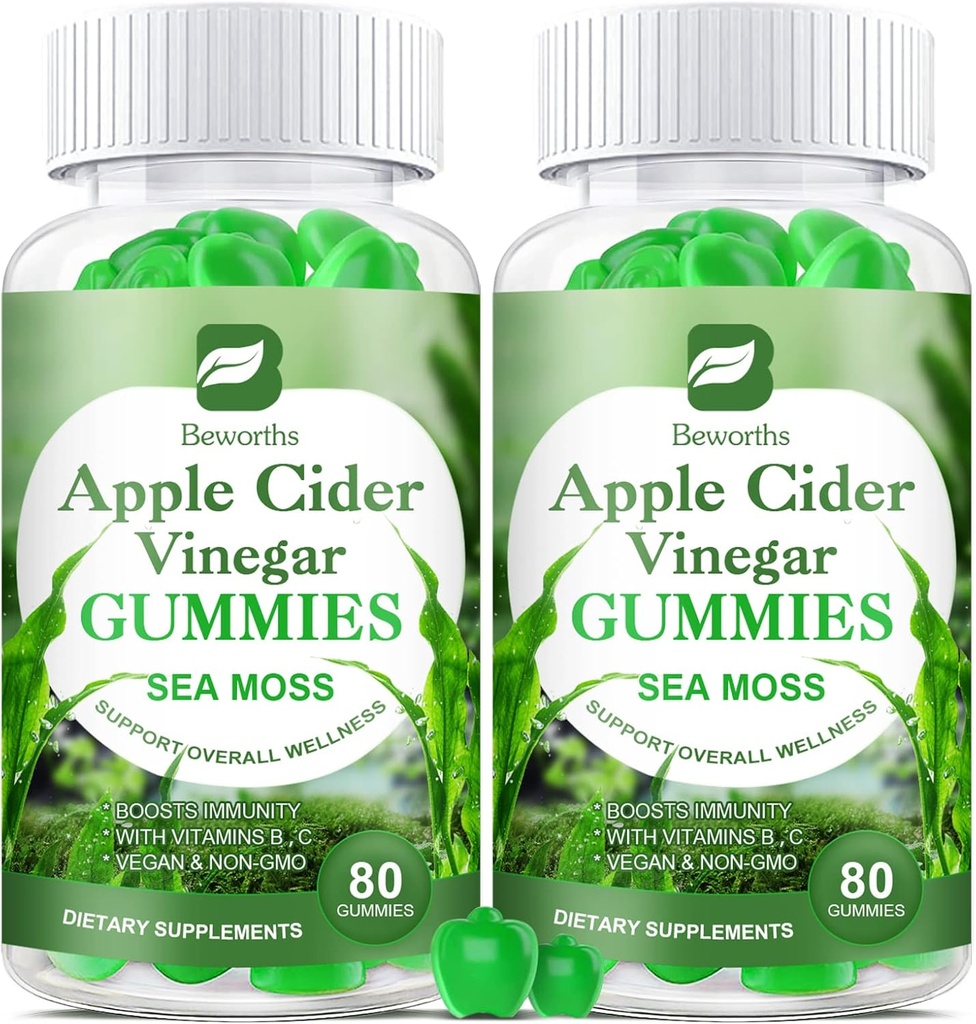 Apple Cider Vinegar & Sea Moss Gummies, Organic ACV Gummies with Mother Supplement Supports Immune, Digestive Health for Adults & Kids, Seamoss Gummy with Vitamin B6 B9, B12