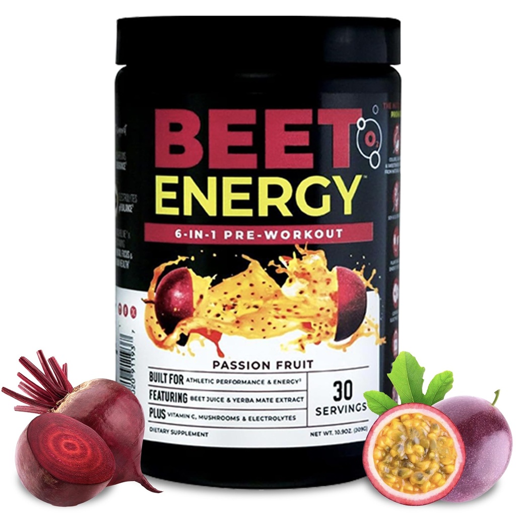 Nutrology Beet Energy O2, Pre Workout Powder, Energy, Endurance & Nitric Oxide Booster with Beet Powder, Yerba Mate, Adaptogens & Electrolytes, Vegan Pre Workout, Passion Fruit Smaak, 30 Servers