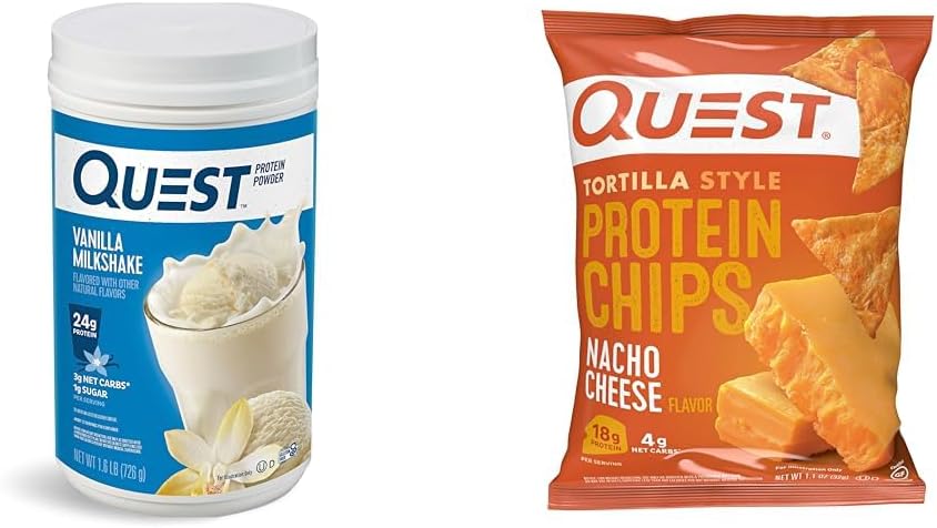Quest Vanille Milkshake Proteïne Poeder, 24g Proteïne, 1.6lb + Quest Nacho Cheese Tortilla Style Proteïne Chips, 18g Proteïne, Verpakking van 12