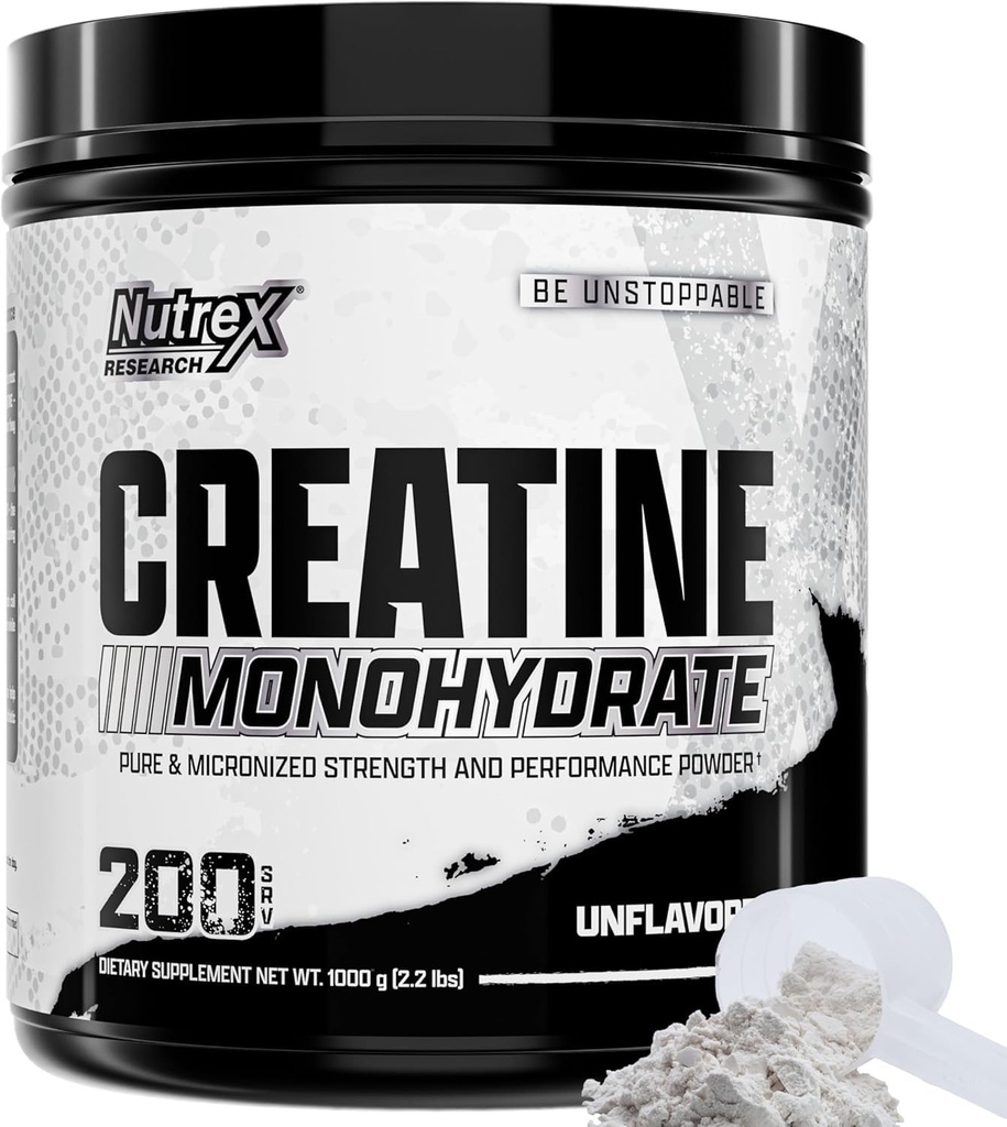 Nutrex Research Micronized Creatine Monohydrate Powder - 200 Servings (1KG) Pure, Unflavored Creatine Monohydraat Supplement for Muscle Gain, Strength and Performance, 5G Per Serv (2.2lbs)