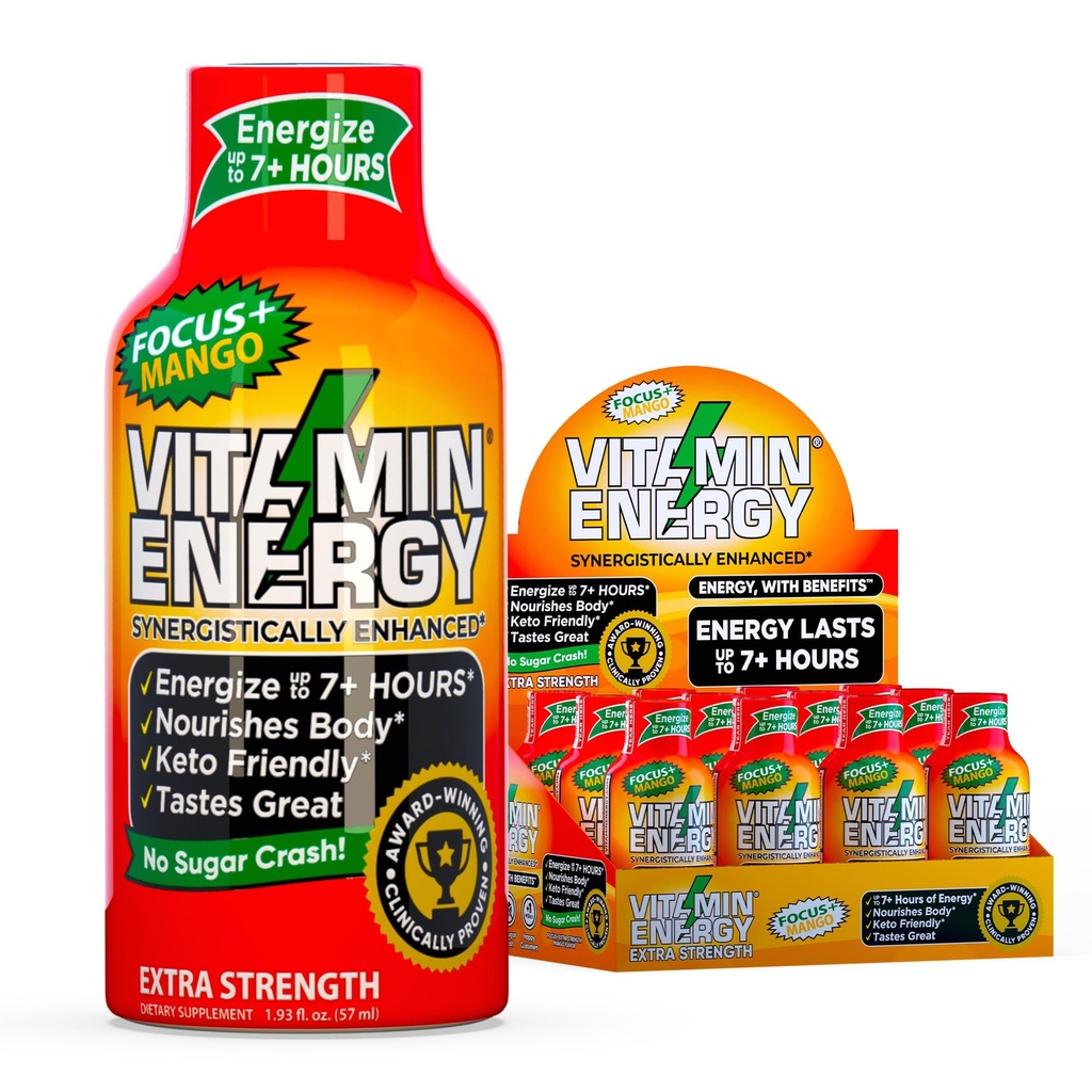 Vitamine Energie Focus+ Extra sterkte Energie Shot Mango 12 Pack, 260mg Natuurlijke Cafeïne, B-Vitaminen, CoQ10, Aminozuren, Focus, Productiviteit & Duidelijkheid, Zero Sugar, Gluten-Free, 1,93 fl oz