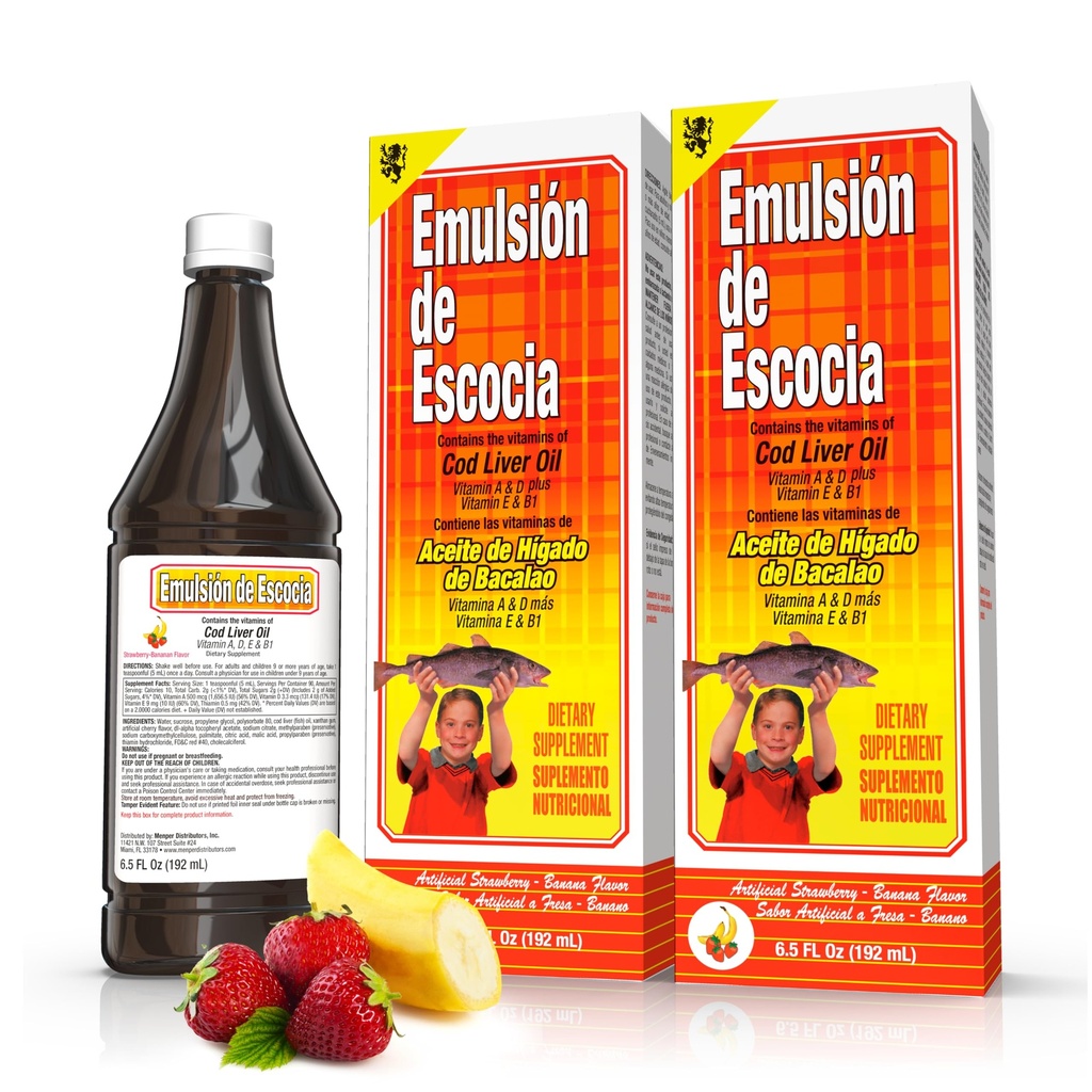 Emulsión de Escocia Cod Liver Oil Liquid Supplement met vitamine A, D, E & B1 - Natural Fish Oil Omega 3 voor kinderen en volwassenen - Delicious Strawberry Banana Flavor - 6,5 oz (2-pack)