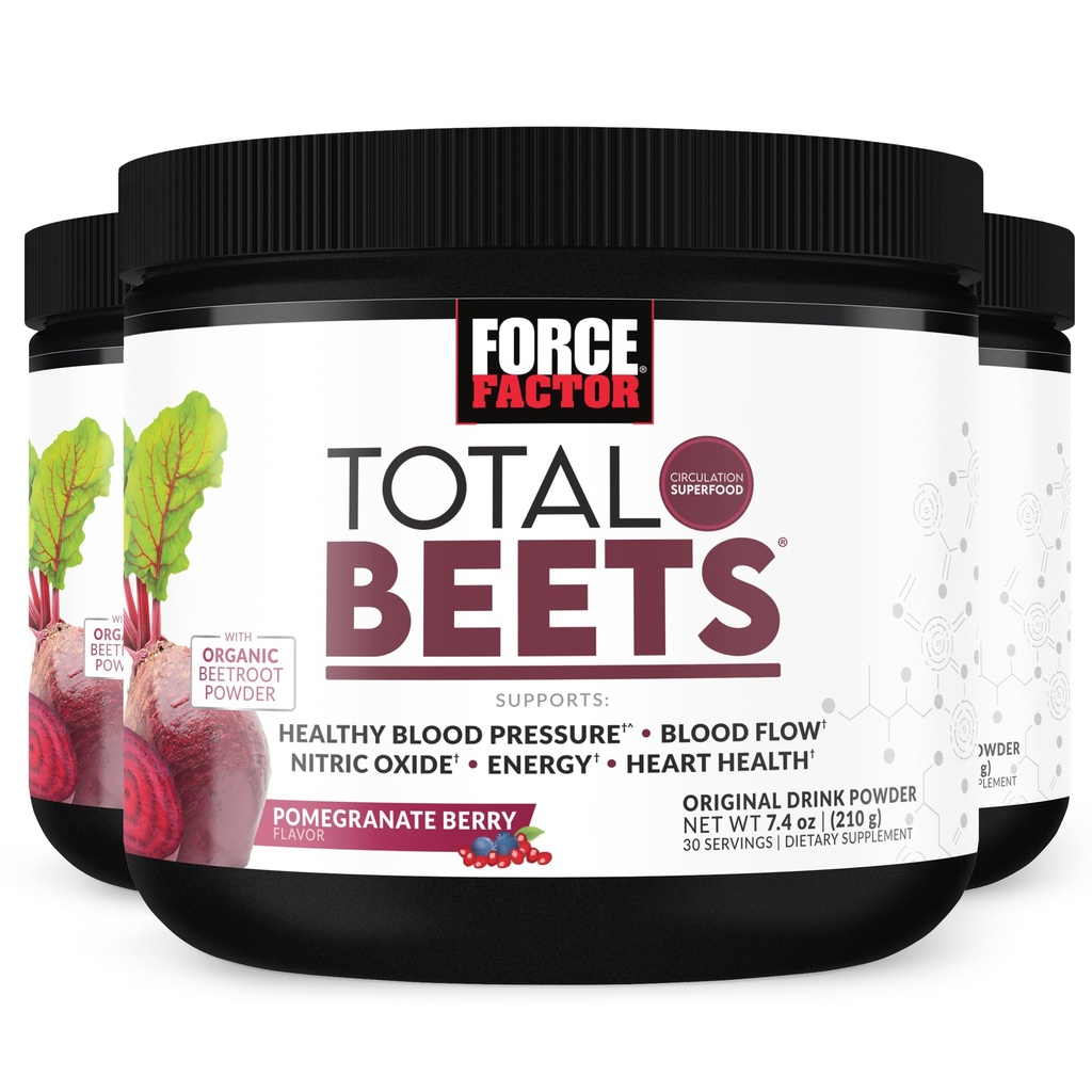 Force Factor Total Beets Drink Mix Superfood Powder with Nitrates to Support Circulation, Nitric Oxide, Energy, Endurance, and Stamina, Cardiovascular Heart Health Supplement, 90 Servings, 3-Pack