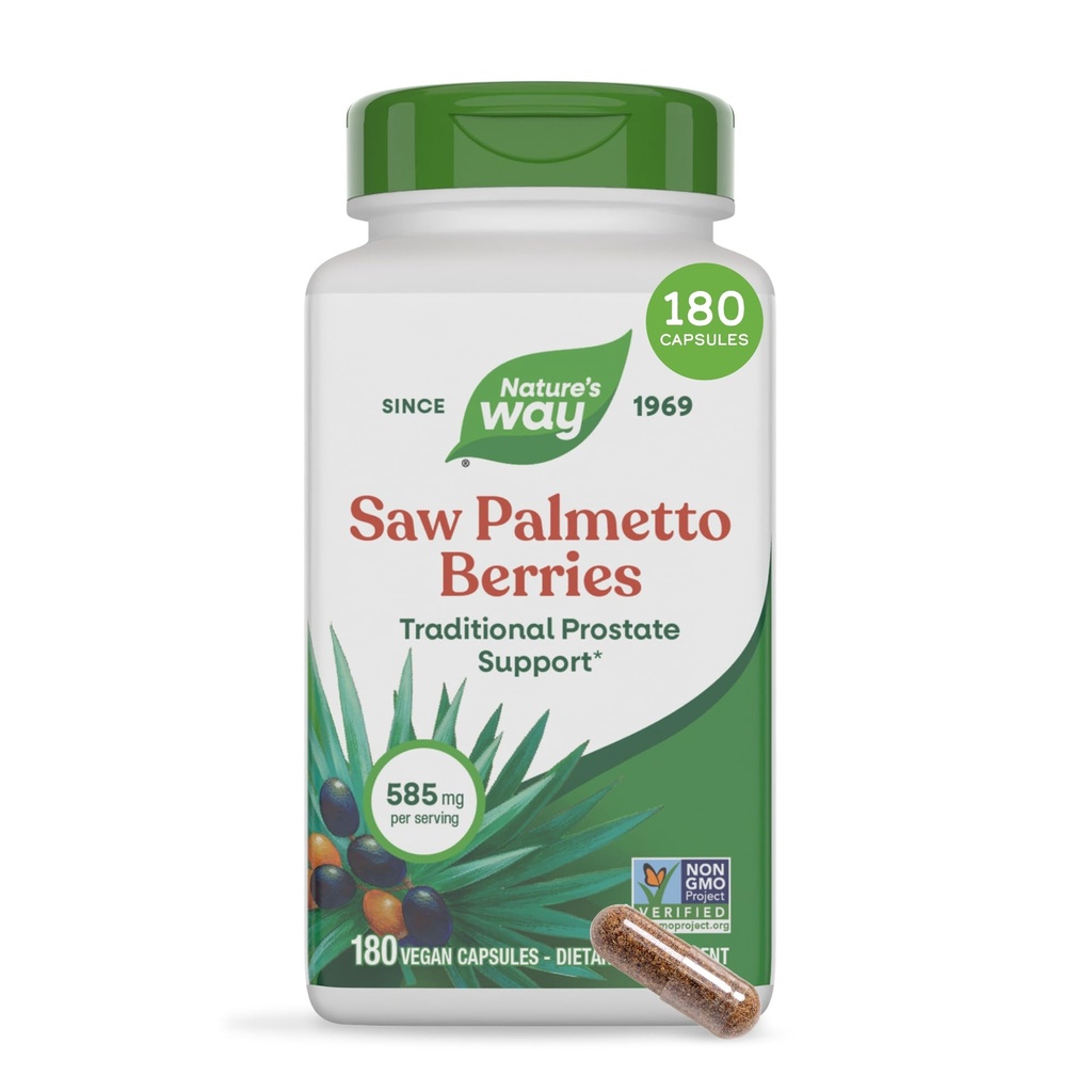 Nature's Way Saw Palmetto Berrys, Traditional Prostate Support*, 585 mg per portie, Non-GMO Project Verified, Vegan, 180 Capsules