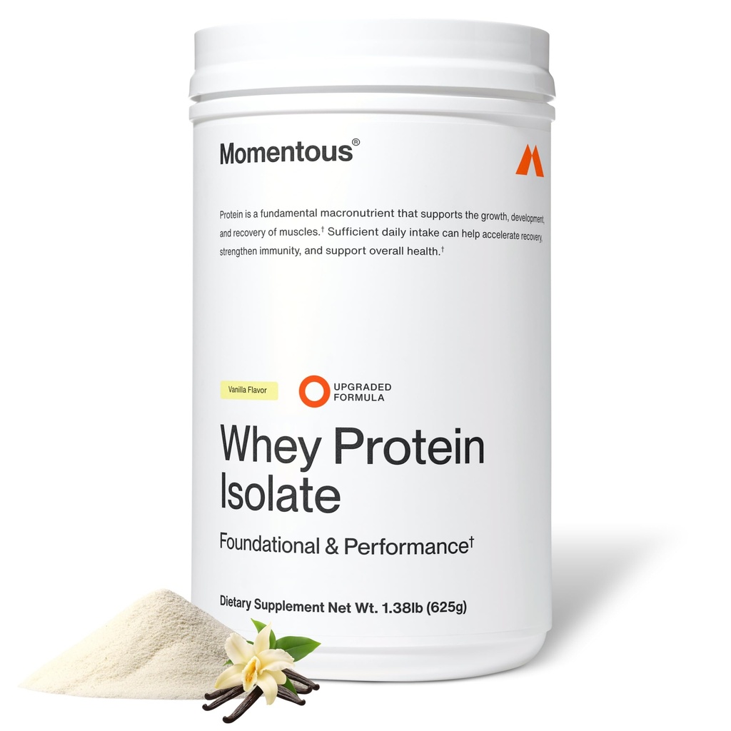 Momentus Essential Grass-Fed Wei Proteine Powder - 20 g Wei Isolaat Proteïne - NSF Gecertificeerd voor Sport - Gluten-Grijs - 24 Serven voor Essential Everyday Use - Vanille - Pakket mei Vary