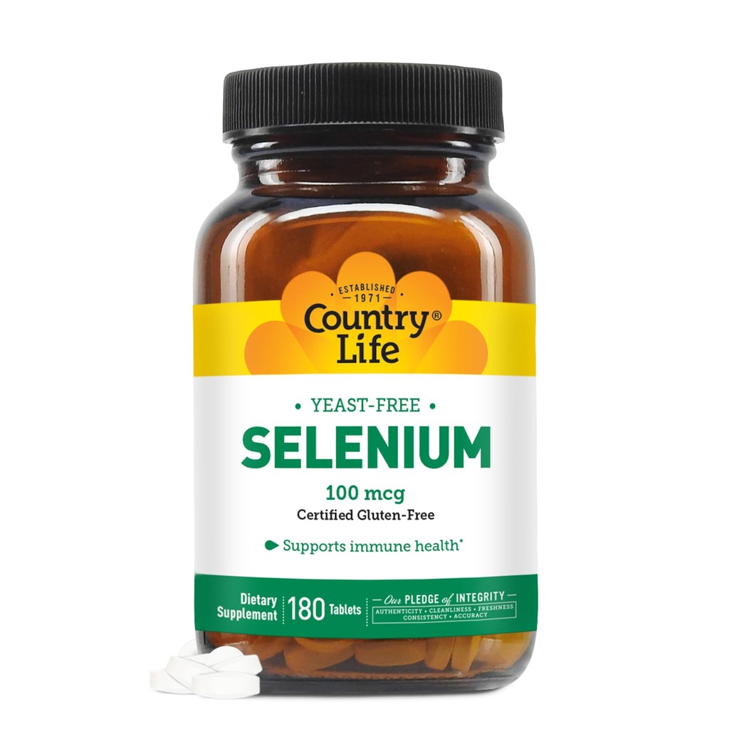 Country Life Selenium, Gistvrij, Ondersteunt Immune Health, 100 mcg, 180 tabletten, Glutenvrij, Veganistisch, Halal