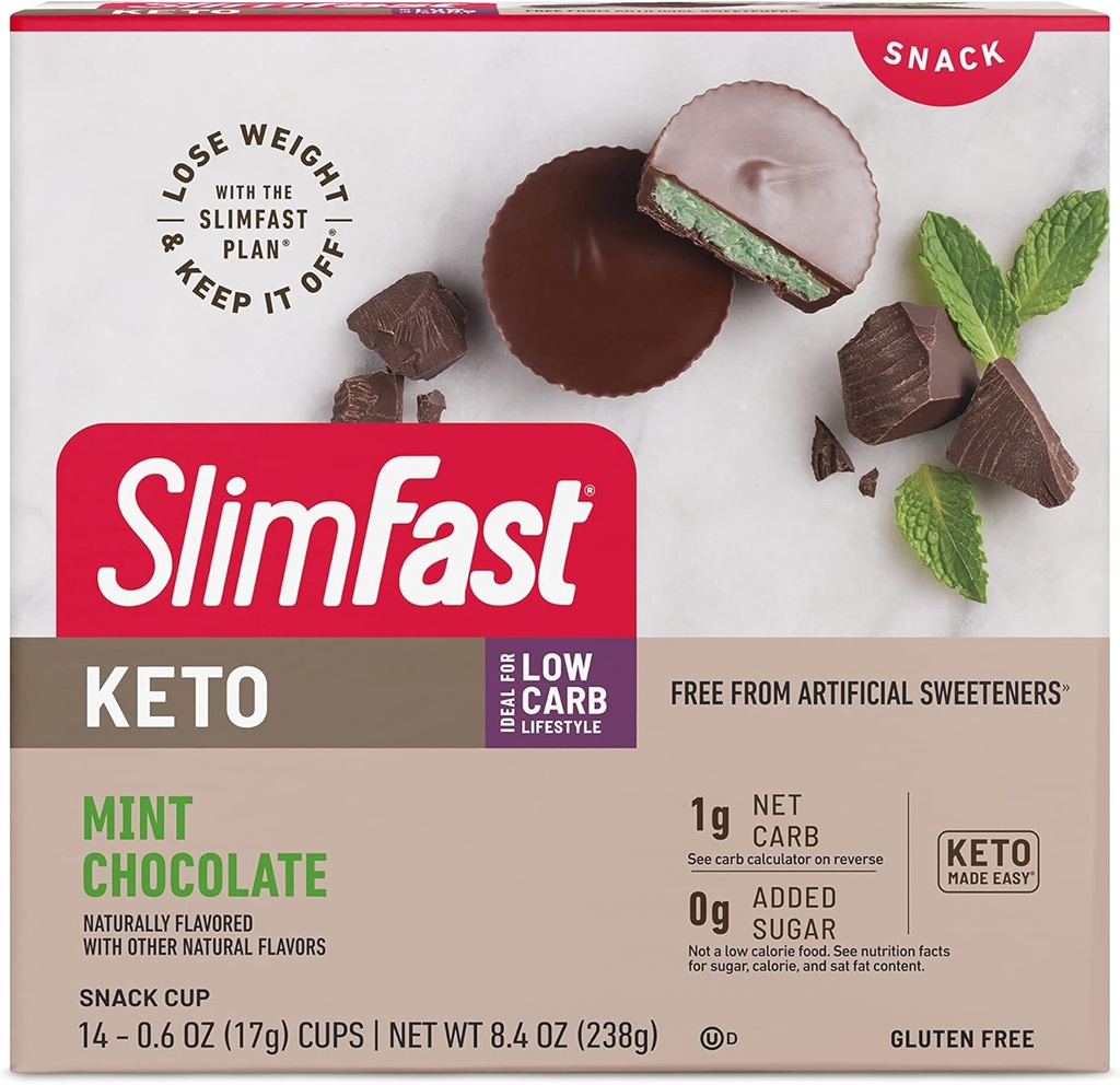 SlimFast Keto Fat Bomb Snack Cup, Mint Chocolate, Keto snacks voor gewichtsverlies, Low Carb met 0g Toegevoegd Suiker, 14 Count Box (Verpakking mei Vary)