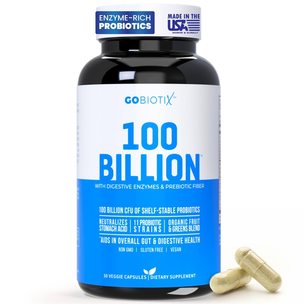 GOBIOTIX 100 Billion - Digestive Enzymes Supplement - Probiotics Multivitamin - Prebiotic Fiber Blend - 100 Billion CFU - Organic Fruit and Greens Blend - Vegan, Non GMO - 30 Capsules