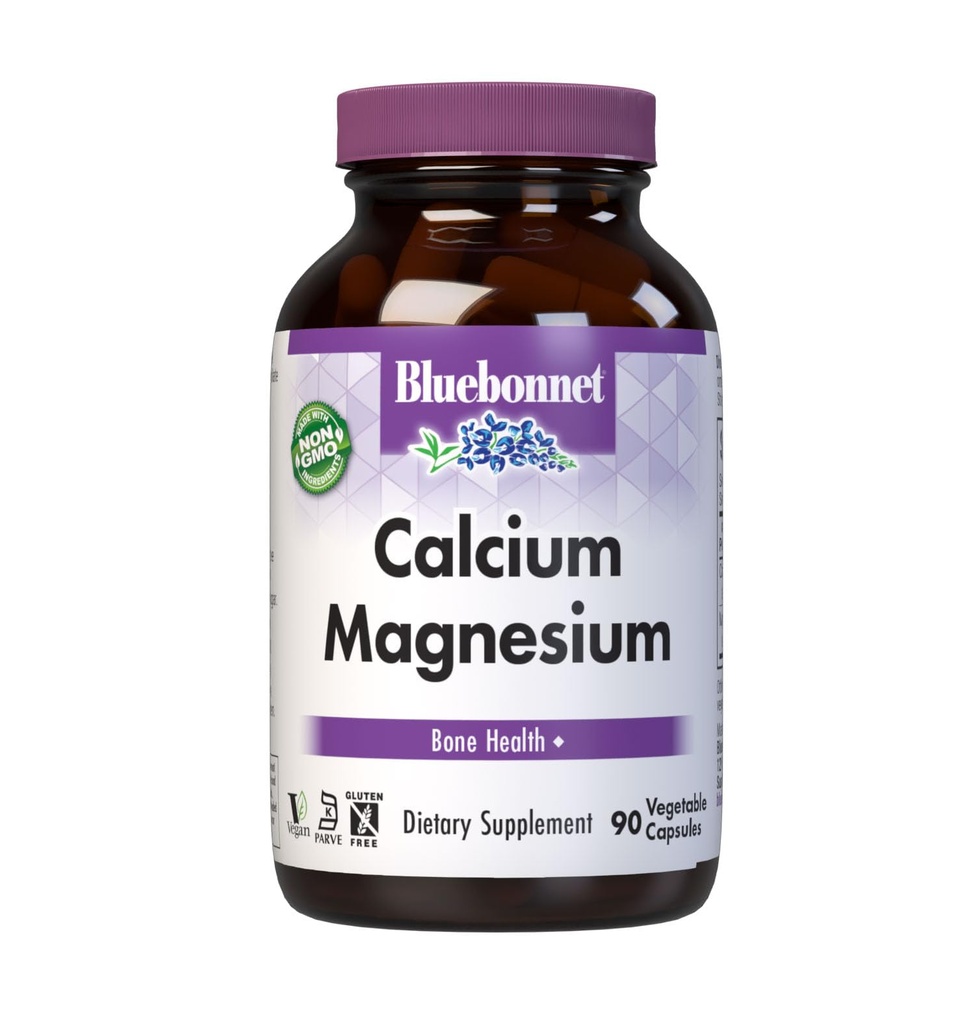 Bluebonnet Nutrition Calcium & Magnesium, Bone Health*, Non-GMO, Vegan, Kosher Gecertificeerd, Glutenvrij, Sojavrij, 90 plantaardige capsules, 30 porties