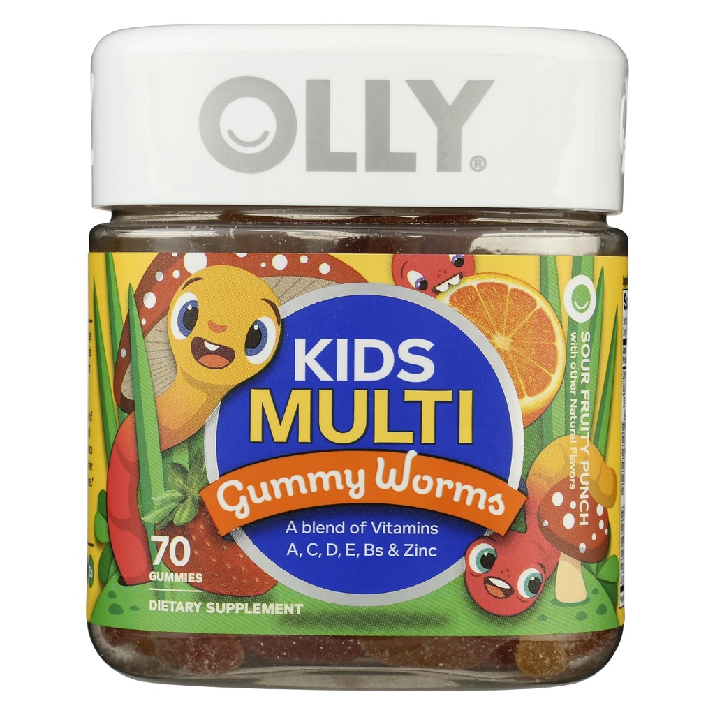 OLLY Kids Multivitamine Gummy Wormen, Algemene gezondheid en Immune Ondersteuning, Vitaminen en Mineralen A, C, D, E, Bs en Zink, Kauwbare Supplement, Zure Fruit Punch, 45 dagen levering - 70 Tellen