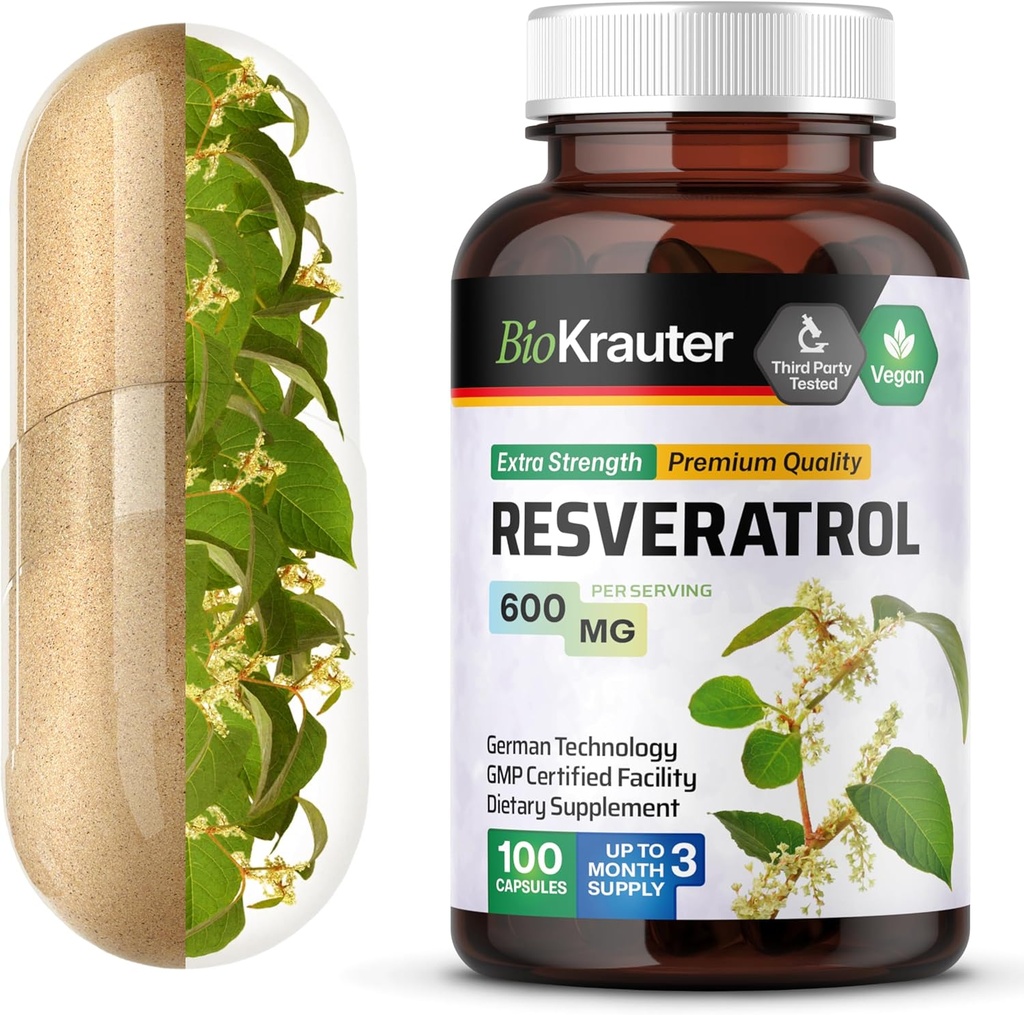 BIO KRAUTER Resveratrol Supplement Capsules 600 mg - 100 Telling - Natuurlijke Antioxidant Bron - 98% Pure Trans Resveratrol Powder - Vegan