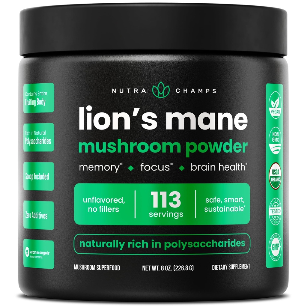NutraChamps Biologische Leeuwen Mane Powder - 2000mg Krachtige Nootropic voor Geheugen, Focus, Immuun Support - Vegan Lion