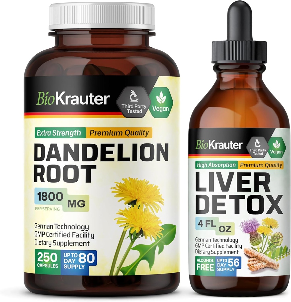 BIO KRAUTER Paardenbloem Root 250 Capsules & Lever ondersteuning Tinctuur 4 Fl. Oz.