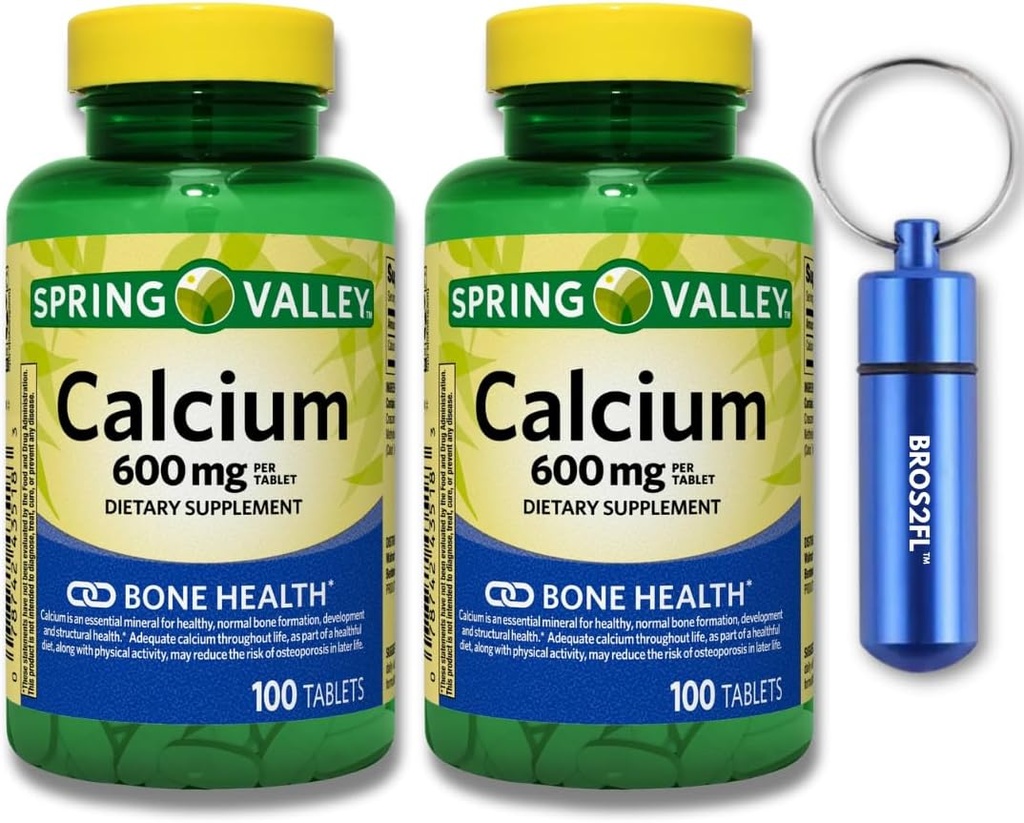 Calcium Bone Health Dieetsupplement Tabletten, 600 mg, 100 Telling (2-pack) bundel met BROS2FL Keychain Waterdichte Portable Metal Pill Box (2 items)
