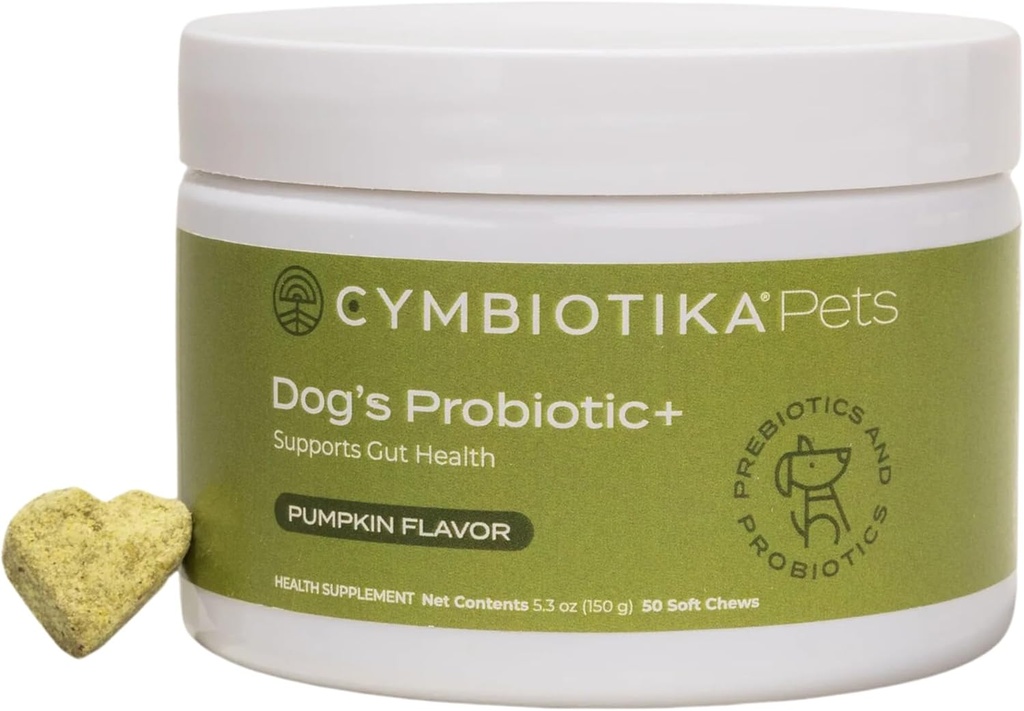 CYMBIOTIKA Hondenprobiotica+, Probiotica voor honden, Gut Health & Immuun Support Supplement met Digestief Enzyme en Green Blend, Prebiotica, Postbiotica, Supplementen voor honden, Pompoen smaak, 50 Kauwen