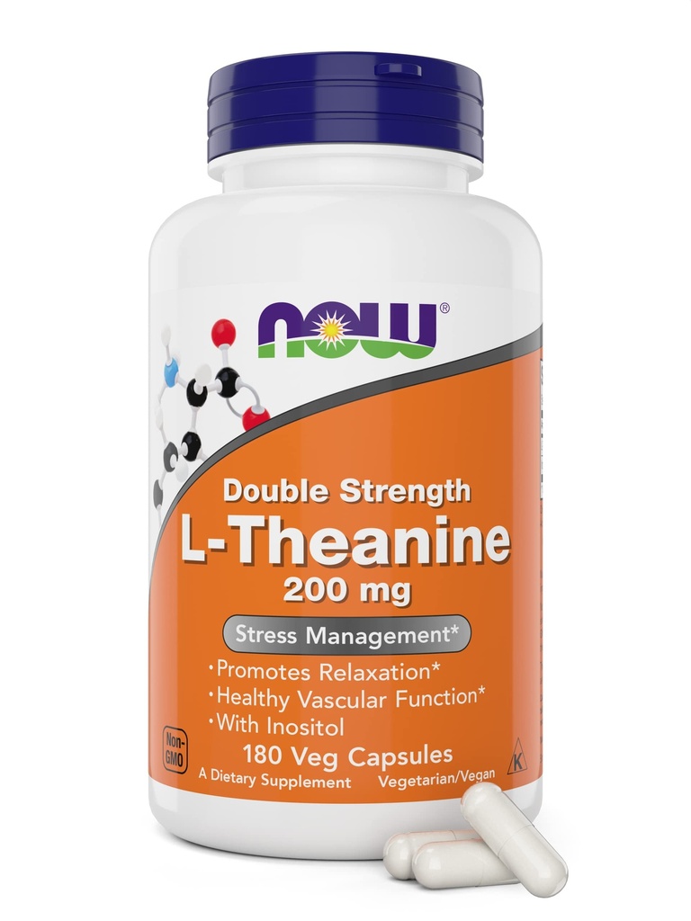 NOW Foods L-Theanine, dubbele sterkte 200 mg per cap - 180 Veg Capsules - Enhanced with 100mg Inositol - Vegetarisch, niet GMO - Ltheanine 200mg Supplement
