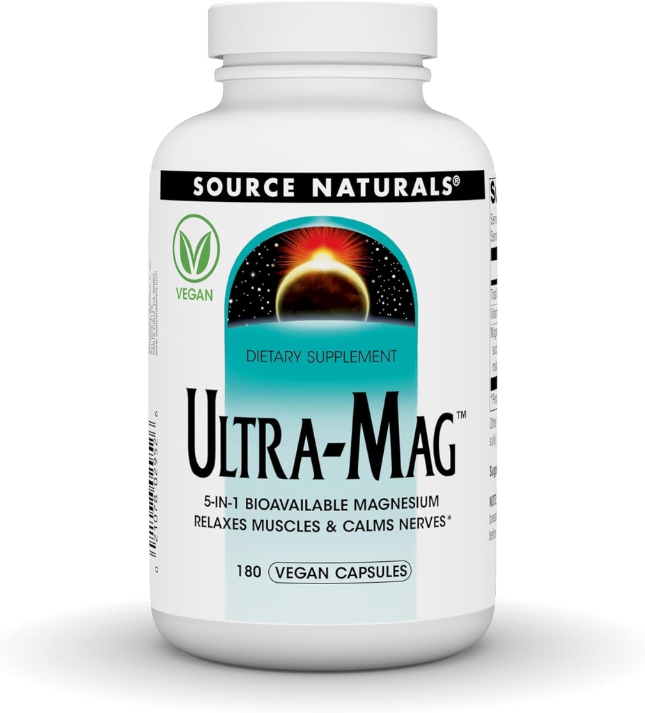 Bron Naturals Ultra-Mag, Vegan Dietary Supplement, 5-in1 Bio available Magnesium, Relaxes Muscles & Calms Nerves*, Vegan Capsules (180)