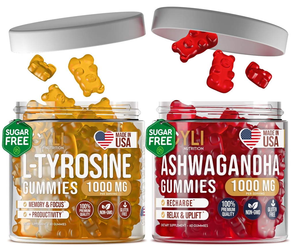 L-tyrosine Gummies + Ashwagandha Gummies - L Tyrosine Supplement and Ashwagandha Supplements Bundle - Ashwaganda, L-tyrosine for Kids & Adults - 60 Ashwa Gummies, 60 L-tyrosine Focus Gummies