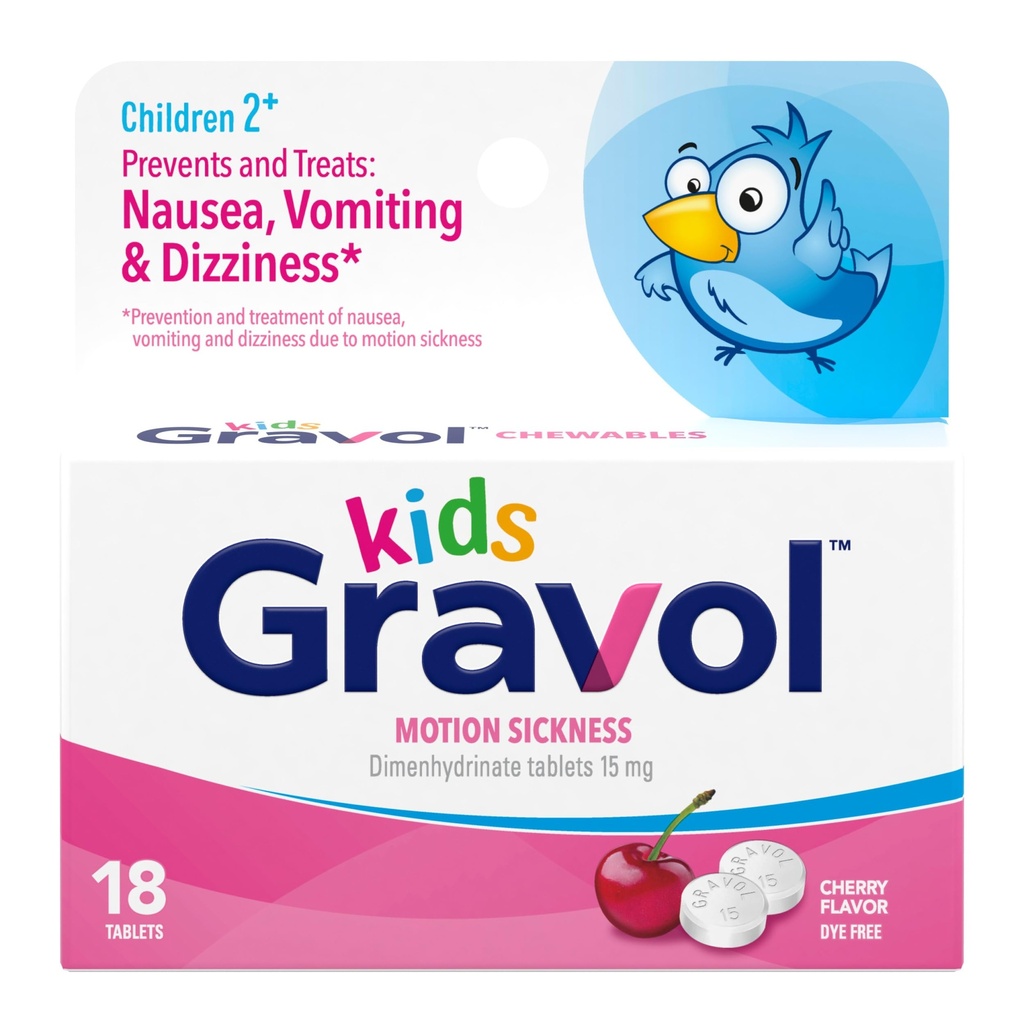Gravol Kids Kauwtabletten voor misselijkheid, overstuur maag-en bewegingsziekte verlichting, verfvrij, kersensmaak, leeftijd 2 tot 12, 18ct