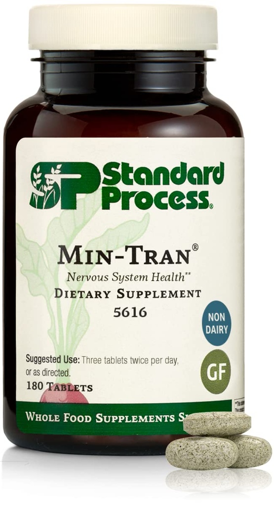 Standaardproces Min-Tran - Zenuwstelselgezondheidssupplement - Goede bron van magnesium - Ondersteunt slaappaden en een gezonde stressrespons - Glutenvrij, niet-zacht en niet-zacht - 180 tabletten