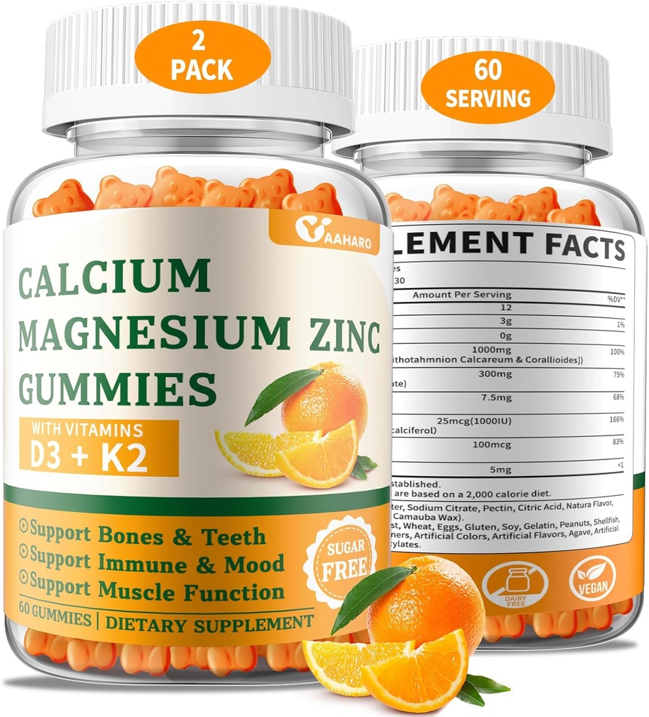 (2 Pack) Calcium Magnesium Zinc Gummies with Vitamin D3 & K2 - Sugar Free Calcium Gummies for Women and Men - Bone & Immune Support - Non-GMO, Gluten-Free, Orange Flavored - 120 Count