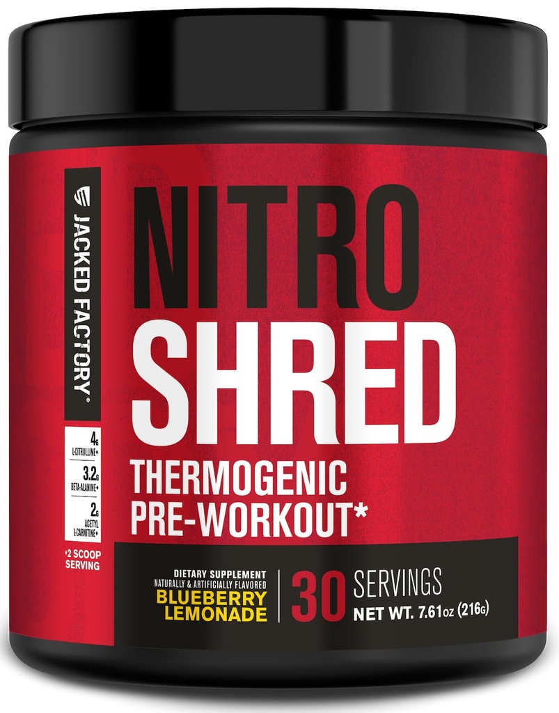 Jacked Factory NITROSURGE Shred Pre Workout Supplement - Energy Booster, Instant Strength Gains, Sharp Focus, krachtige pompen - Nitric Oxide Booster & PreWorkout Powder - 30Sv, Blueberry Lemonade