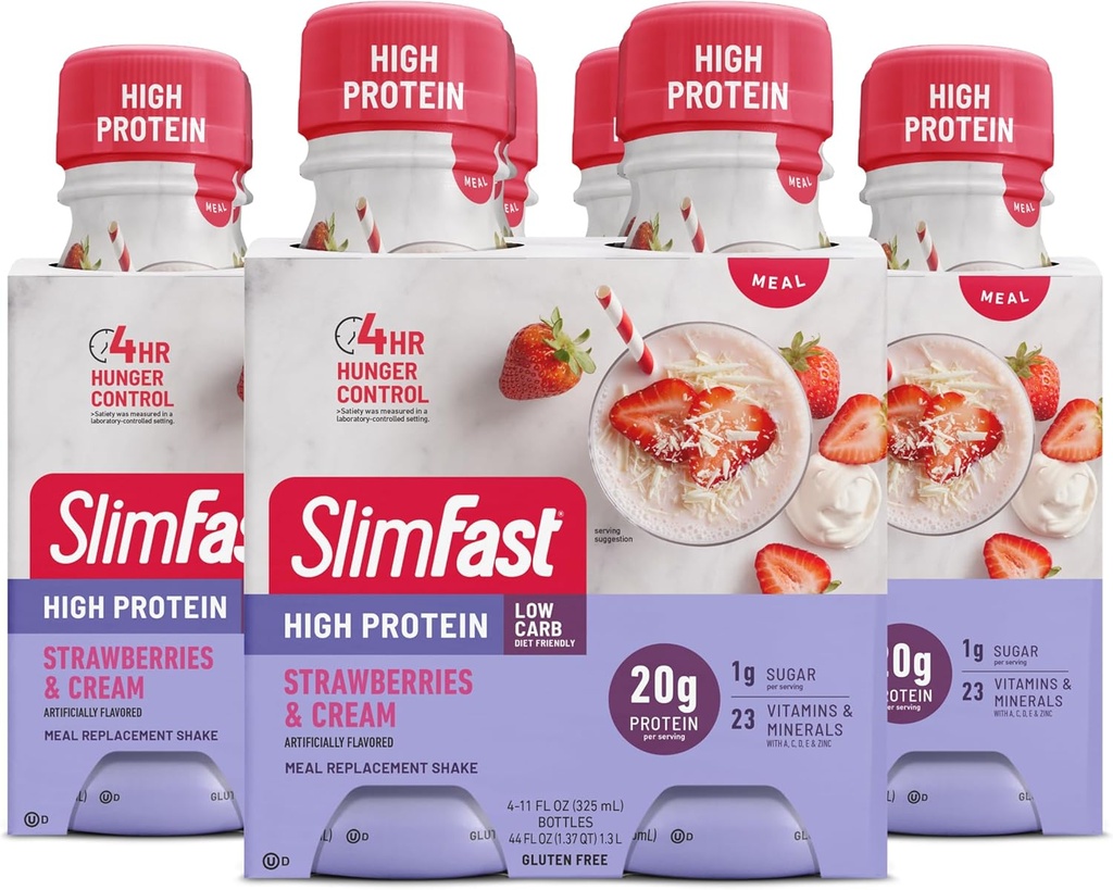 SlimFast Advanced Nutrition Meal Replacement Protein Shake - Klaar om te drinken, roze, Aardbeien & Cream, 4 flessen (verpakking van 3)