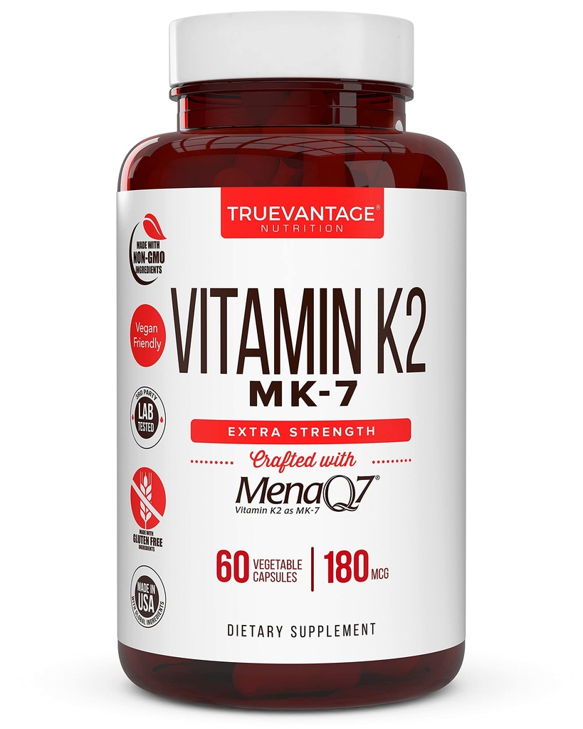 Vitamine k2 MK-7 Supplement 180mcg -Vitamine K2 Ondersteunt Bone & Heart Health voor cardiovasculaire Calcium Absorptie van Arteries- 60 Eenvoudig doorslikken Plantaardige caps van MenaQ7 K2 MK7