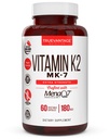 Vitamine k2 MK-7 Supplement 180mcg -Vitamine K2 Ondersteunt Bone & Heart Health voor cardiovasculaire Calcium Absorptie van Arteries- 60 Eenvoudig doorslikken Plantaardige caps van MenaQ7 K2 MK7