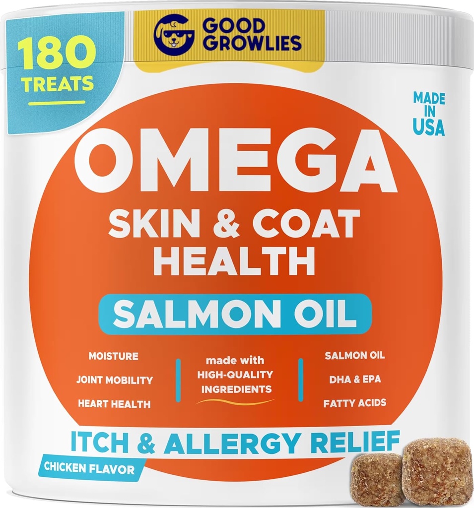Omega 3 Alaskan Fish Oil Treats for Dogs (180 Ct) - Dry&Itchy Skin + Allergie - Shiny Coats - EPA&DHA Vetzuren - Natuurlijke zalmolie Kauwen - Kippen Turkije