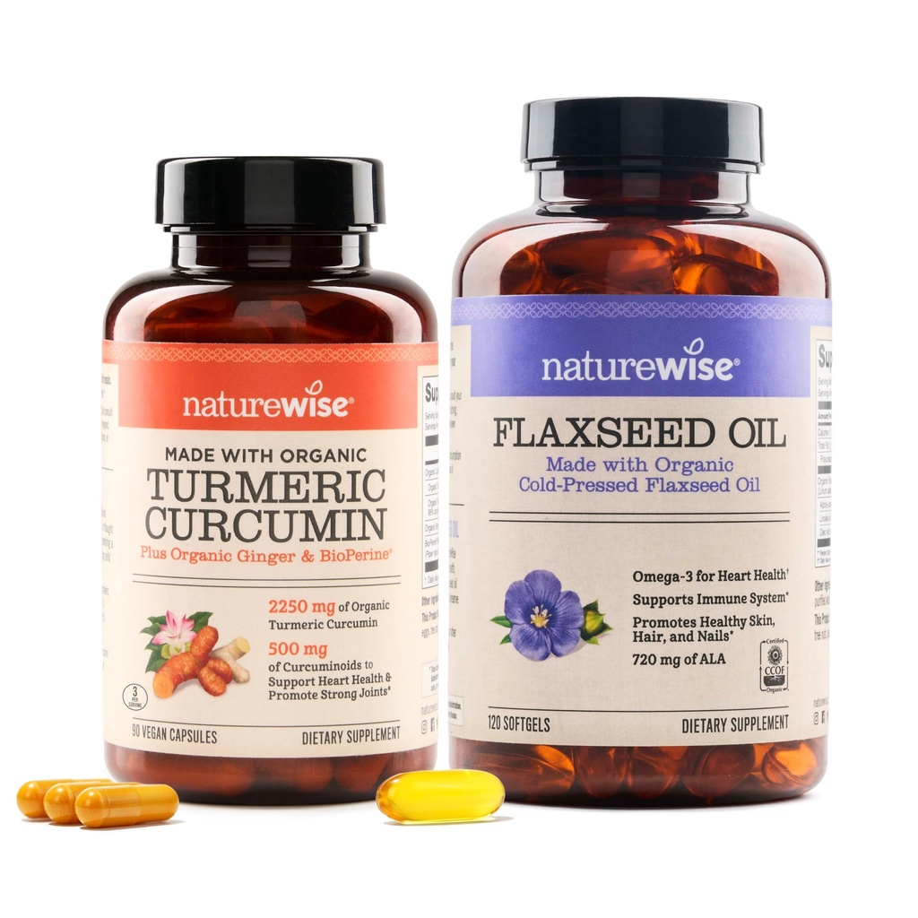 NatureWise Curcumin Kurkuma 2250mg & Vlaszaadolie 1200mg Omega 3 6 9 Softgels voor gewrichts-, hart- en immuunsteun [1 & 2 maanden aanbod]