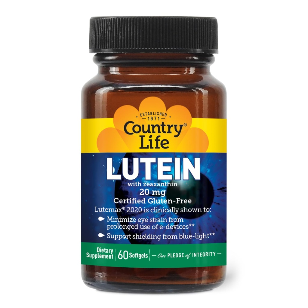 Country Life Lutein 20 mg Supplement - Certified Gluten-Free - Eye Health Support with Lutein and Zeaxanthin - Reduces Eye Strain from Screens - No Yeast, Corn, Wheat, Milk - 60 Softgels
