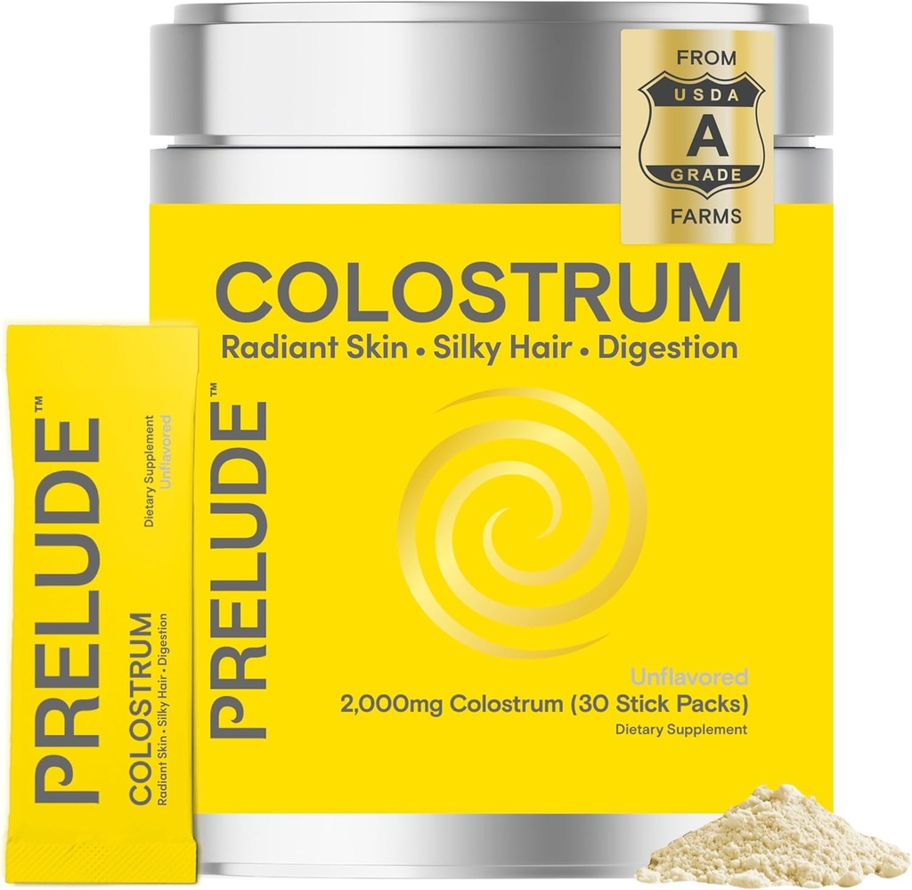 Prelude Bovine Colostrum Supplement - Grassfed Colostrum Powder Sticks for Gut Health, Immunity & All Wellness - Colostrum Aids Hair, Skin & Digestive Health for Women & Men - Made in USA
