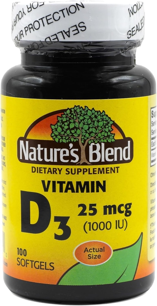 Nature's Blend Vitamine D3 25 MCG (1000 IE) Eenvoudig doorslikken, 100 SOFTGELS