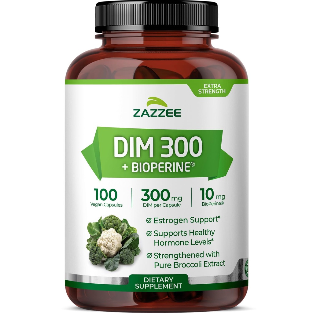 Zazzee DIM 300 mg Per Capsule, 100 Count, Plus 10 mg BioPerine, Estrogen Balance, Hormonal Acne, Menopause Support, Hormonal Balance, Diindolylmethane, Vegan, All-Natural, Non-GMO, Made in The USA