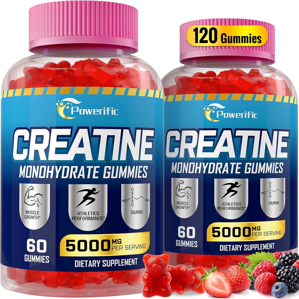 Creatine Monohydraat Gummy's voor mannen & vrouwen Pre workout Gummies met Taurine, Vitamine B6 & B12 Creatine Monohydraat Kauwbaar voor verhoging sterkte, energie, duurzaamheid, spier, biologisch (2 verpakkingen)