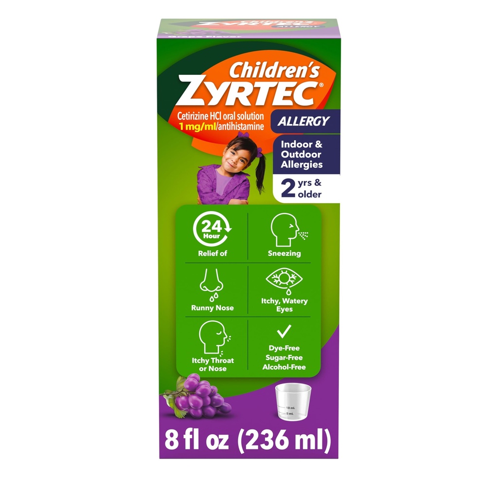 Zyrtec 24-uurs Allergie Relief Syrup, 5 mg Cetirizine Hydrochloroide Antihistamine, Kids Allergie Geneeskunde voor Indoor & Outdoor Allergie Relief, Dye- & Sugar-Free, Grape, 8 fl. oz