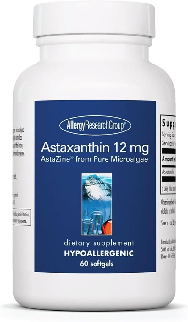 Allergie Onderzoeksgroep Astaxanthine 12mg Supplement - van Organische Microalgen, Eye Health, AstaZine Astaxanthine, Natuurlijke Antioxidant, Huid Gezondheid, Hersenfunctie Ondersteuning, Softgels - 60 Tellen