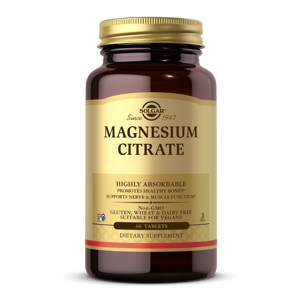 Solgar Magnesium citraat - 60 tabletten - bevordert gezonde botten, ondersteunt zenuw- en spierfunctie - zeer absorbeerbaar - niet-GMO, veganistisch, glutenvrij, kosjer - 30 porties