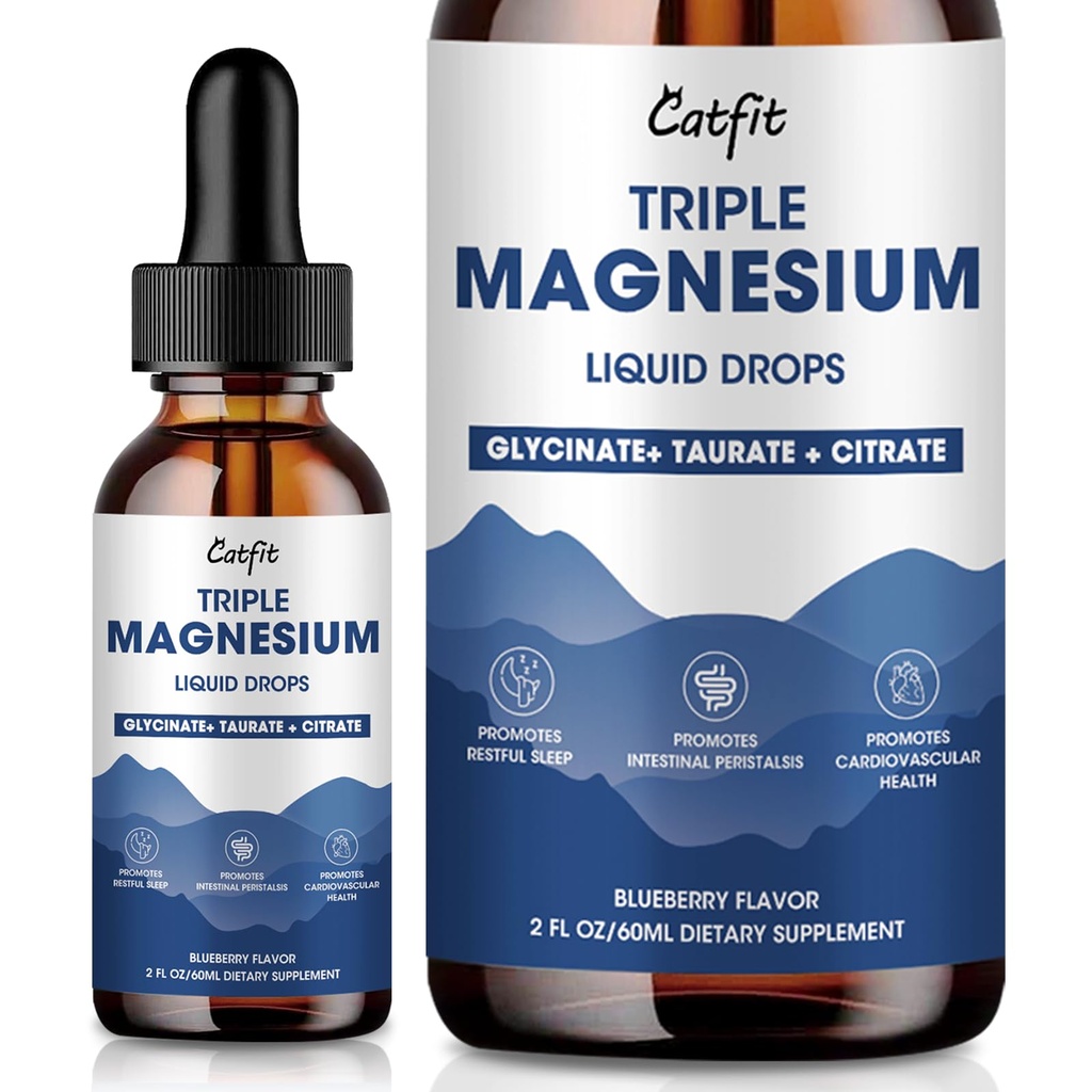 Magnesium Glycinate Liquid Drops met Taurate & Citraat, Magnesium Supplement voor Slaap, Kalm & Relaxatie, met Kalium & Omega-3, Hoge Absorptie Formule, Blueberry Flavor, 2 Fl Oz