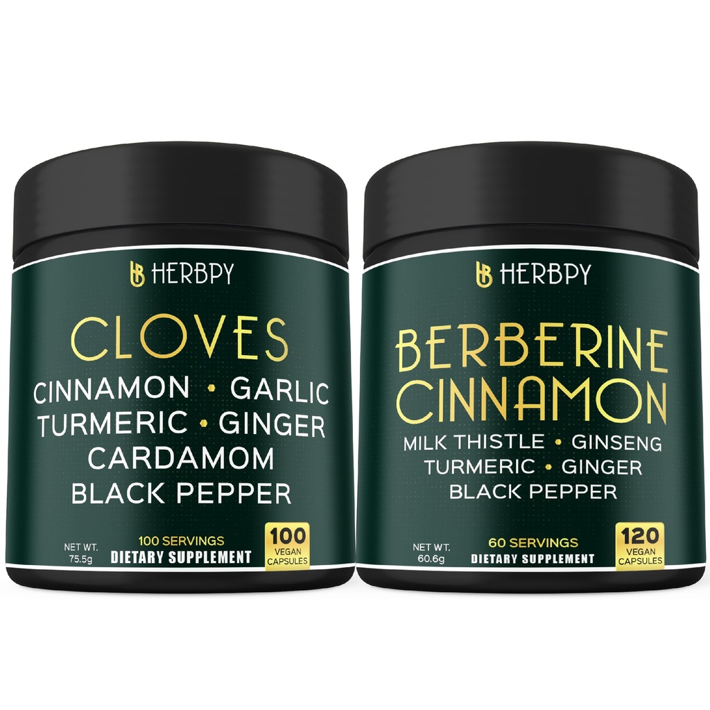 Herbpy Bundle 7in1 Clove Supplement 755mg/serving (100 Count 100 Servings) & 7in1 Berberine Supplement 1010mg/serving (120 Count 60 Servings)