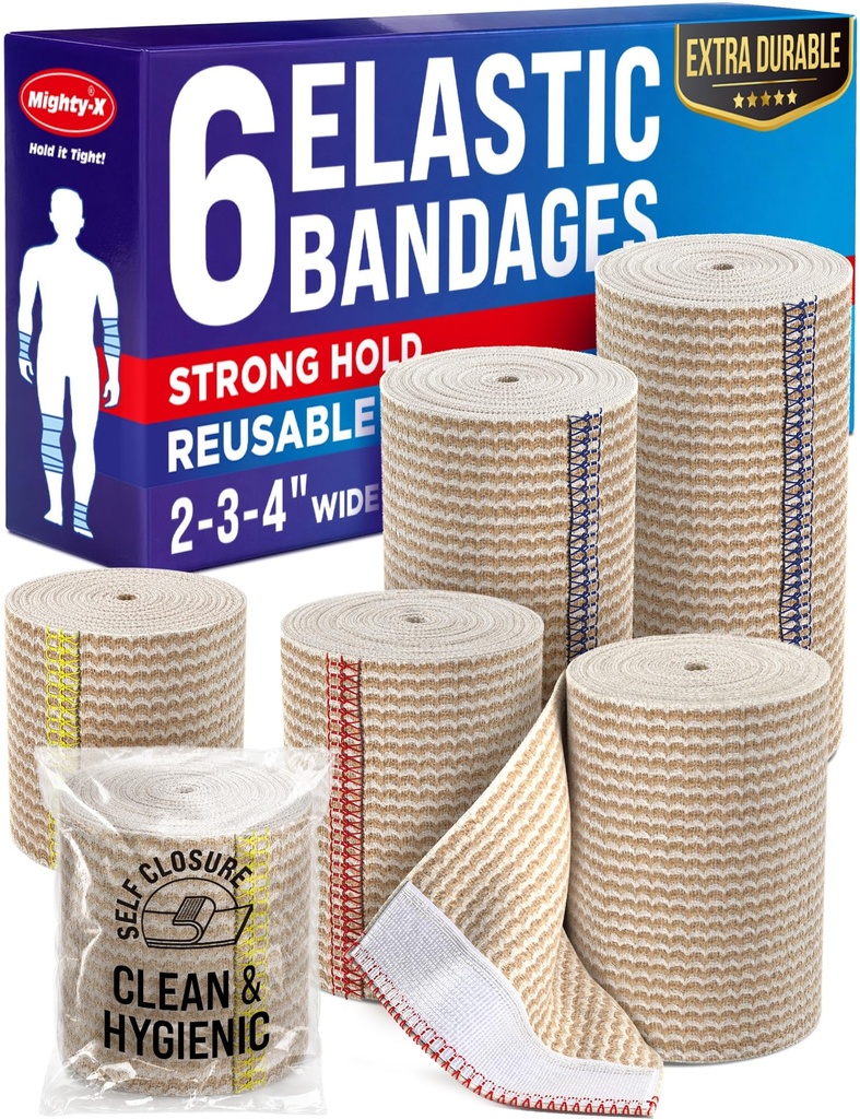 High-Prestance Elastische Bandage Wrap - 6 Pack (2x2in, 2x3in, 2x4in) - Zelfsluitende Strong Compressie Bandage Wrap voor Voeten, Enkels, Polsen en Knieën