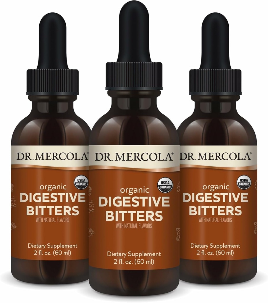 Dr. Mercola Organic Digestive Bitters Liquid Drops - Digestive Health Support - Alcoholvrije formule - Kenmerken Burdock Root, Dandelion Leaf, Fennel Seed & More - 2 fl. oz. (30 porties), 3 Pack