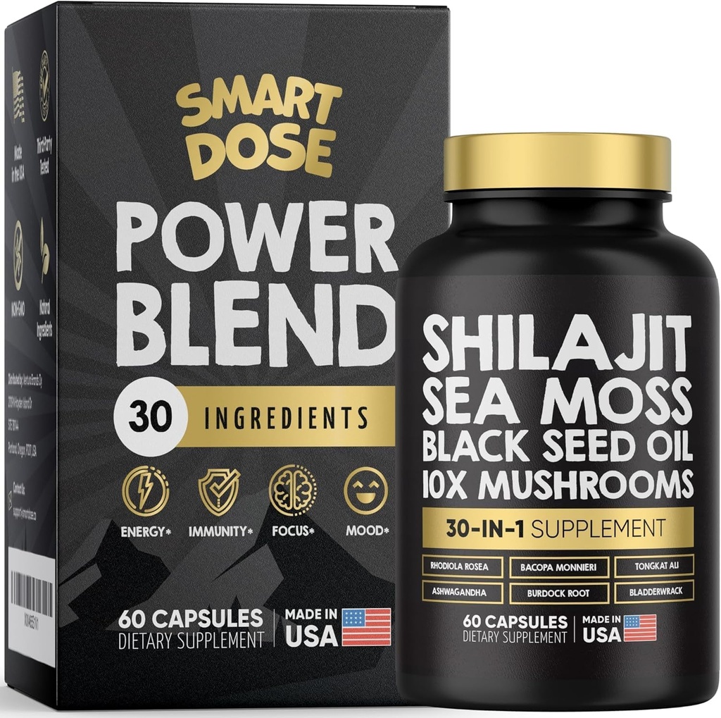 Power Blend Capsules - 30-in-1 Supplement bundel met Shilajit 6000mg, Sea Moss 4000mg, Black Seed Oil 4000mg, Ashwagandha 2000mg, 10x Paddenstoelen, Tongkat Ali, Maca, Holistic Pils Combo