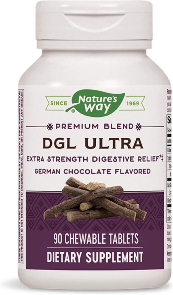 Nature's Way DGL ULTRA 10:1 Extra sterkte, 75 mg per portie, Duitse chocolade smaak, 90 Kauwtabletten, Pack van 2 (Verpakking mei Vary)