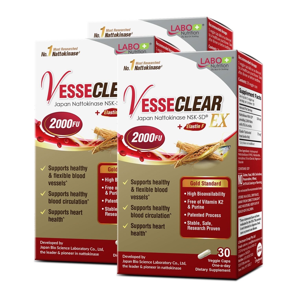 LABO Nutrition VesseCLEAR EX: Artery Cleanse & Elasticity Support Supplement | Blood Pressure, Circulation, Clean Arteries Heart Health Formula | Nattokinase NSK-SD + Elastin F | DR Capsules [3 Pack]