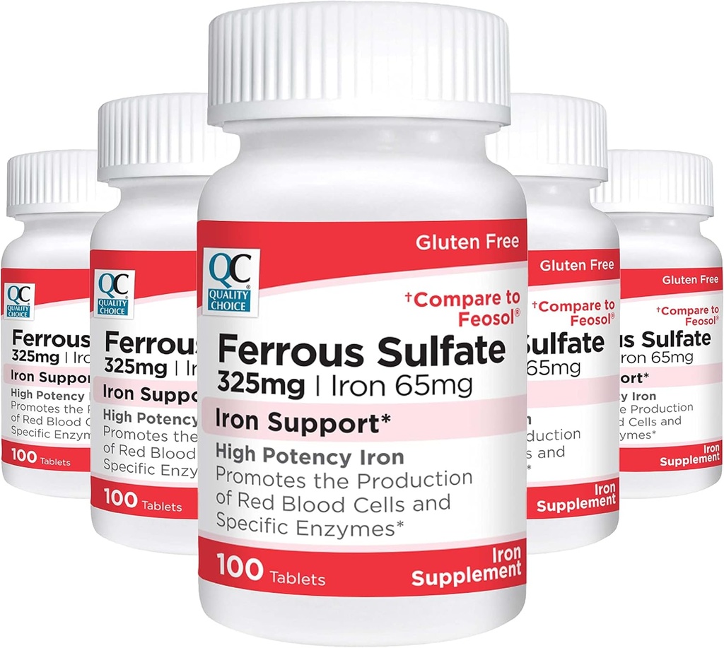 Quality Choice Iron 65 mg (325 mg Ferrous Sulfate) High Potency Iron Support Supplement Tablets in 100 Telflesjes (5 Pack)