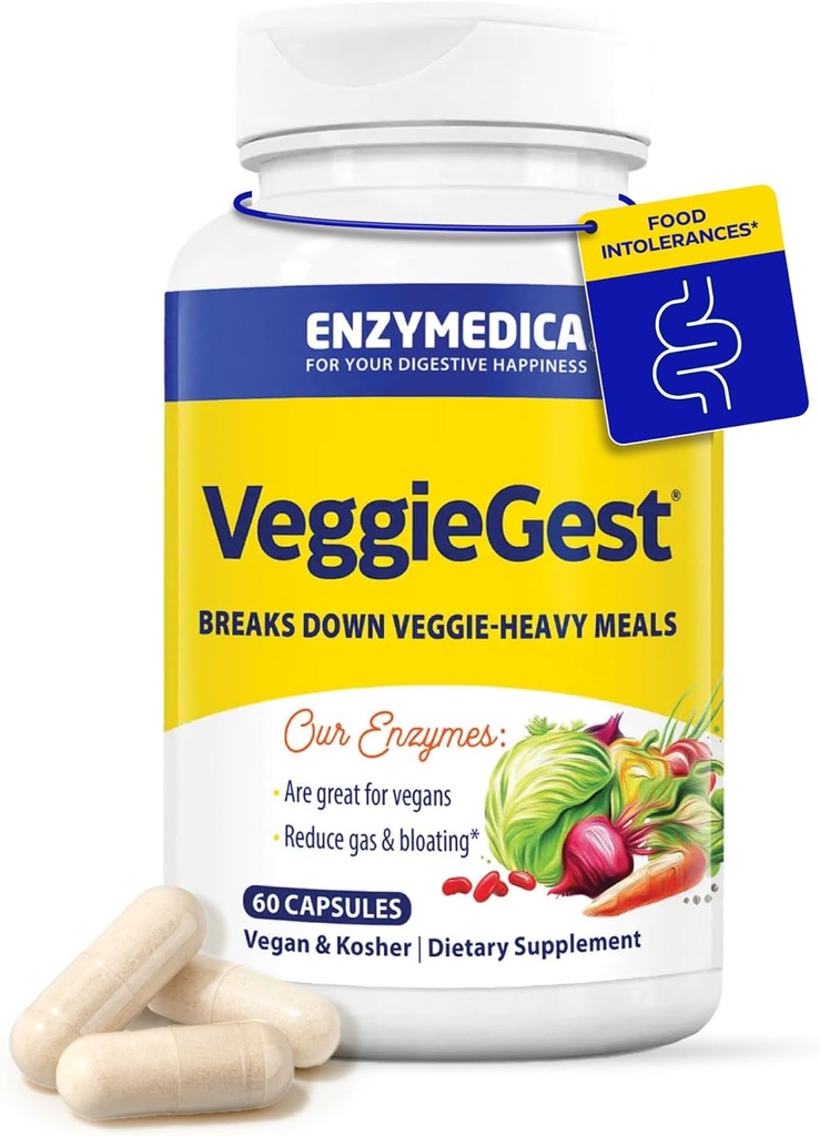 Enzymedica, VeggieGest, Digestieve Enzymen, Ondersteunt Occasional Gas & Bloating Relief van High Fiber Meals, voor Vegan & Vegetarian Diets, Enzyme Blend voor Digestieve Gezondheid, 60 Tel.