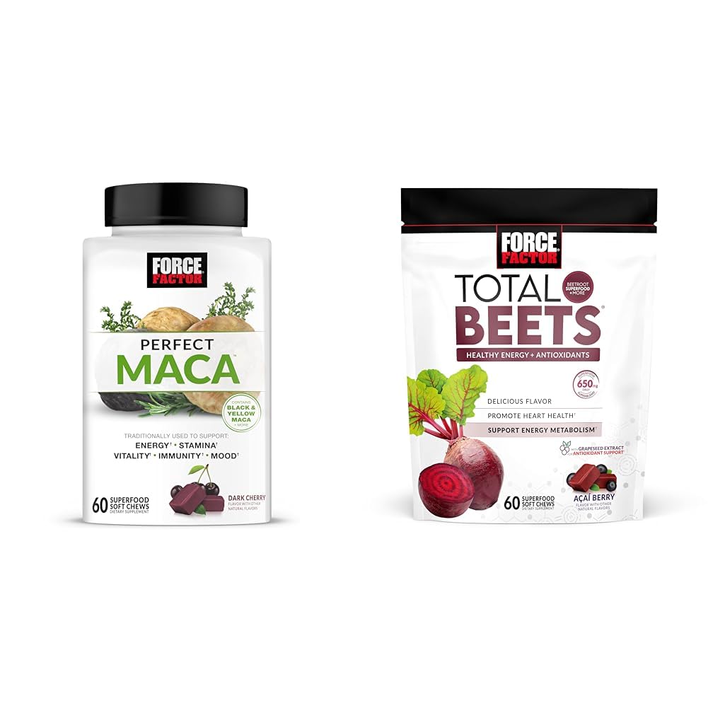 Force Factor Maca & Beet Soft Kauwen bundel met 60 Maca Kauwen en 60 Beet Kauwen voor Energie, Uithoudingsvermogen en Hart Gezondheid